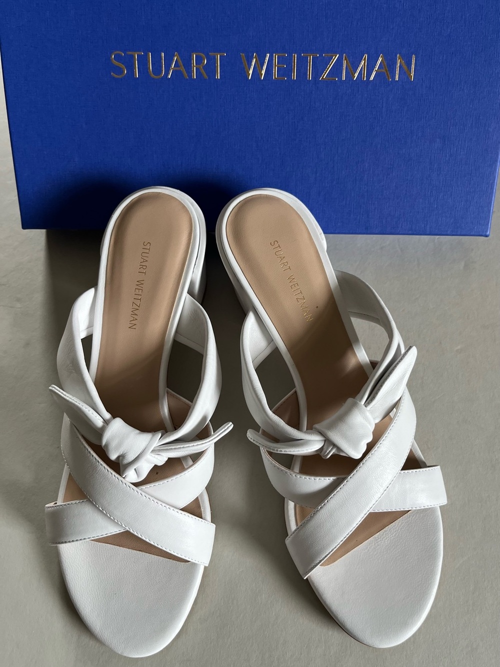 Stuart Weitzman White Knotted Crisscross Slide Heels